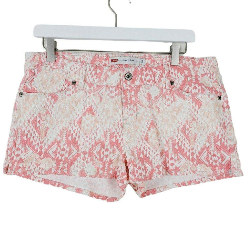 Levi's Juniors Sz 13 Booty Shorty Shorts White Salmon Aztec Print Casual Denim